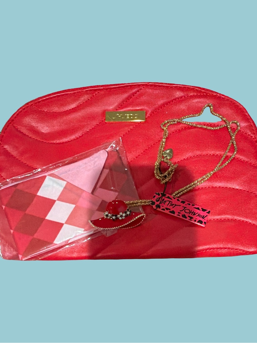 Betsey Johnson necklace Red Quilted Cosmetic Pouch and bag scarf